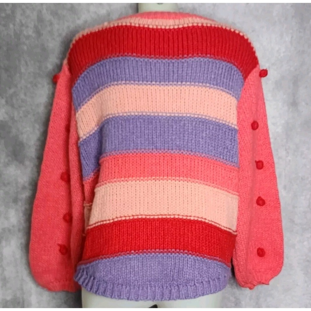 Umgee Striped‎ Relaxed Knit Crew Neck Long Sleeve Sweater Pullover Small Pompoms - Picture 2 of 8